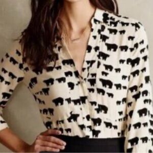 Maeve by Anthropologie Woodland Walk Black and Cream 3/4 Sleeve Blouse